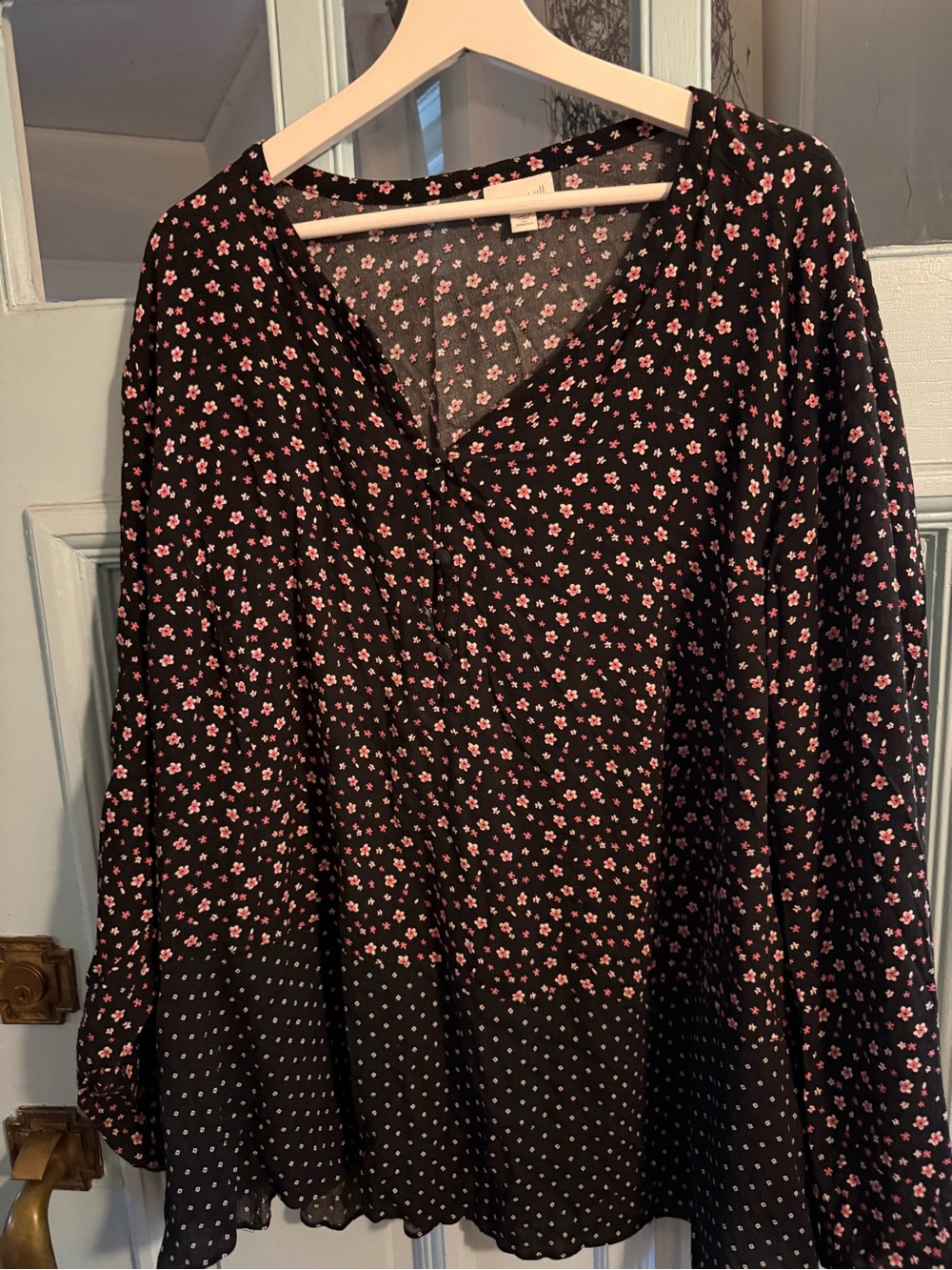 J. Jill Black Long-Sleeve shirt with Pink floral and polka dot  Print